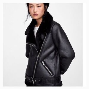 Zara Black Faux Shearling Biker Jacket